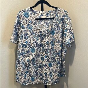 Knox Rose Blue and White Relaxed Short Sleeve Blouse NWOT